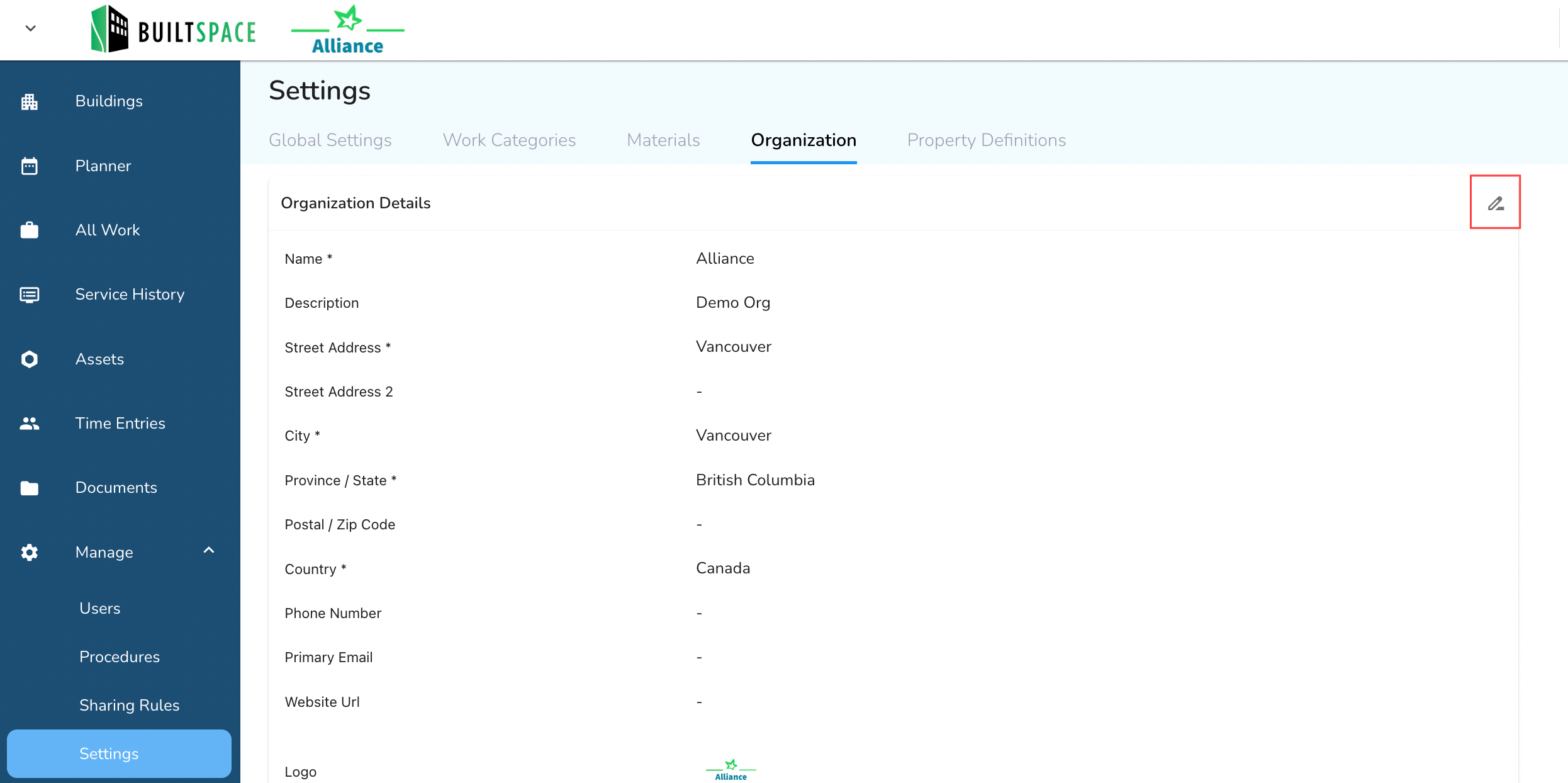 Click on the pencil icon under the Organization tab to open the editable form.