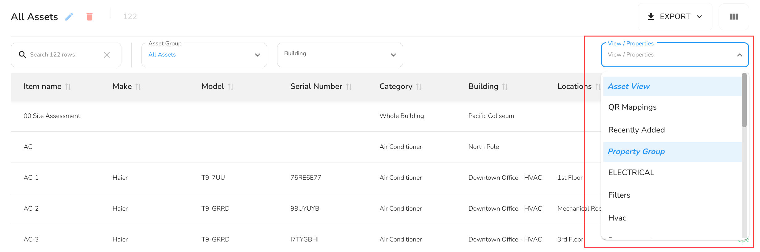Property Group – When you select a Property Group, the table will update to show a column for each asset…
