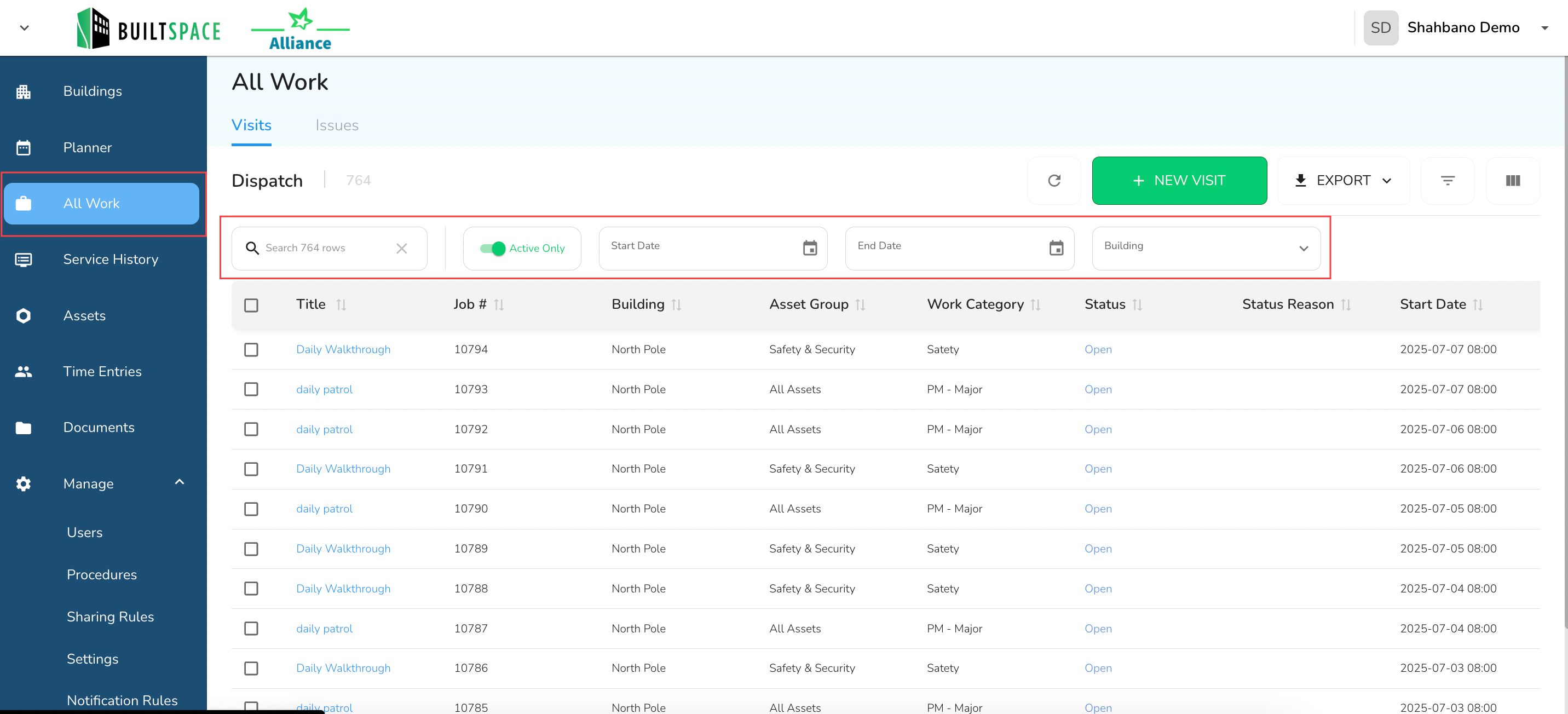 The All Work screen shows a maximum of 1,000 rows at a time