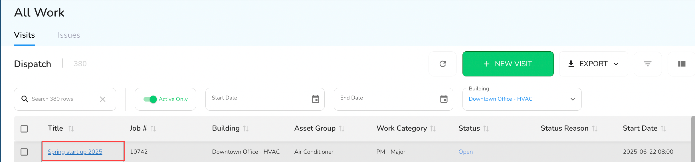 To view/edit or add tasks/issues to an existing visit, click on the Title. This will open the visit slide-out.