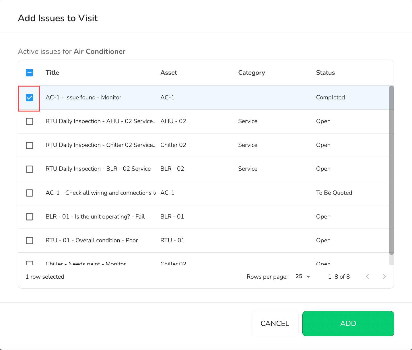 The selected issues will be added to the visit record.