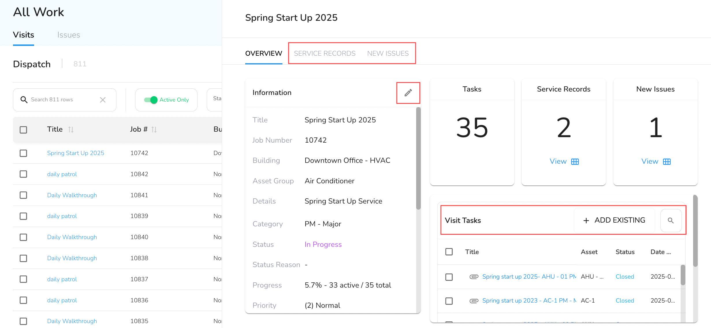 To view/edit or add tasks/issues to an existing visit, click on the Title. This will open the visit slide-out.