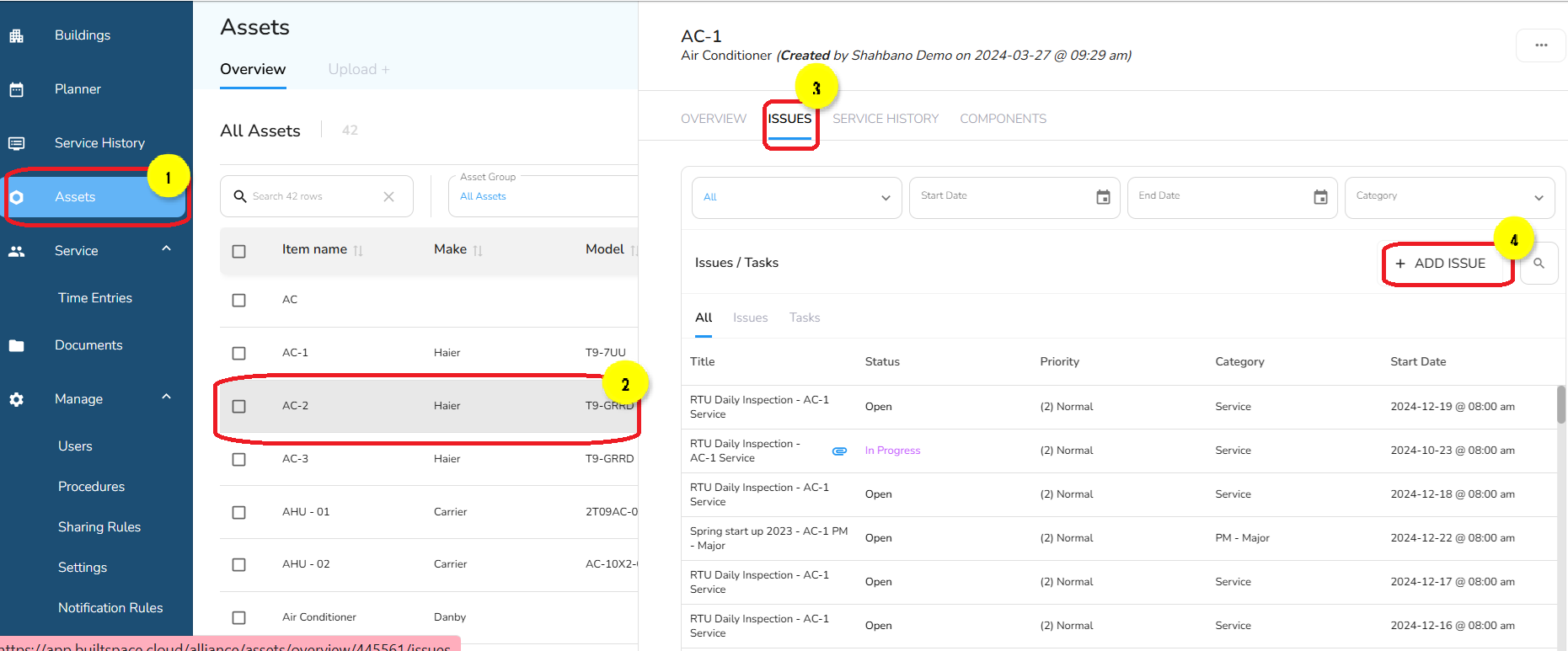 On the Issues page, click on the "+Add Issue" button.
