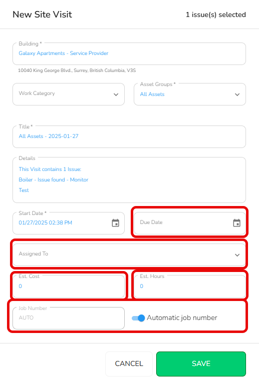 Complete the New Site Visit form. If you want a more detailed form, click the ‘More Fields’ button.