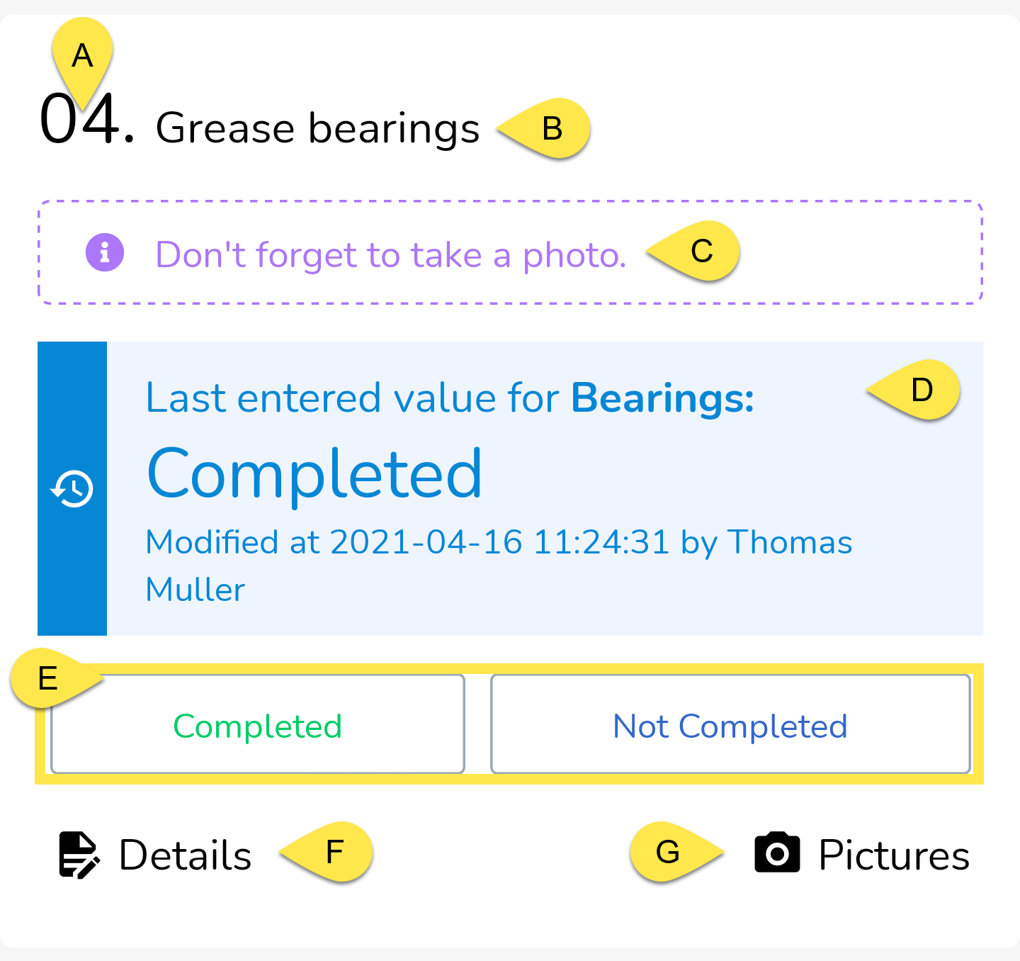 In the Service Twin app, each question is displayed in a card-style format and has various features.