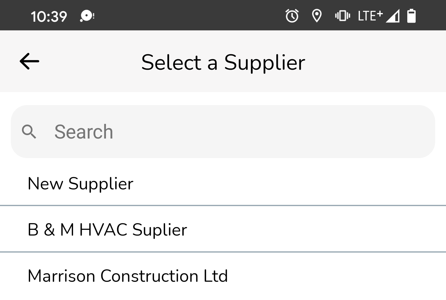 Tap Select a Supplier to launch the suppliers list. Choose a supplier from this list, or create a New…